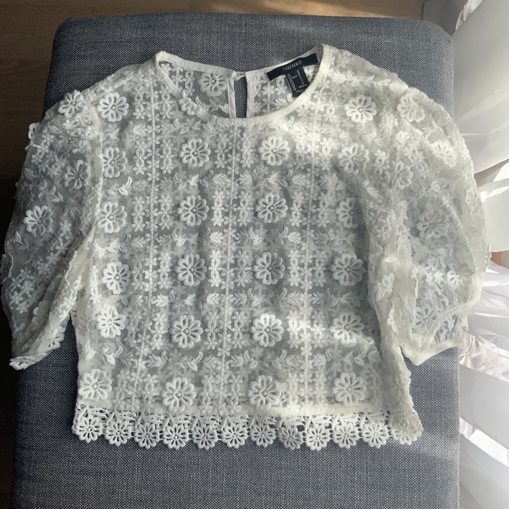 Floral Embroidered Mesh Crop Top - White